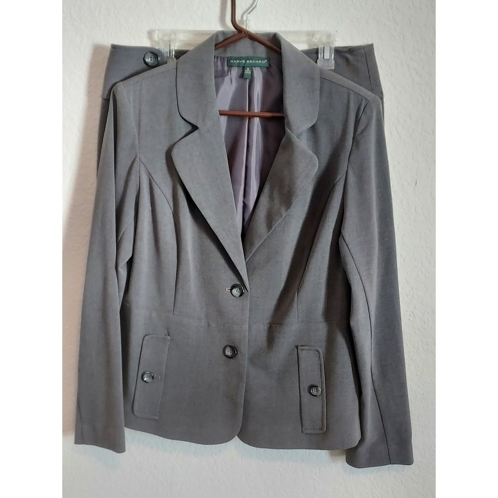 Harve Bernard womens suit, grey, Size 12, Skirt and Blazer, button tab detail